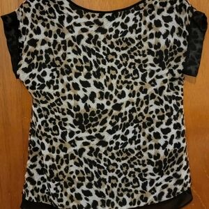 Silky Animal Print Top Black & Beige Short Sleeves XS